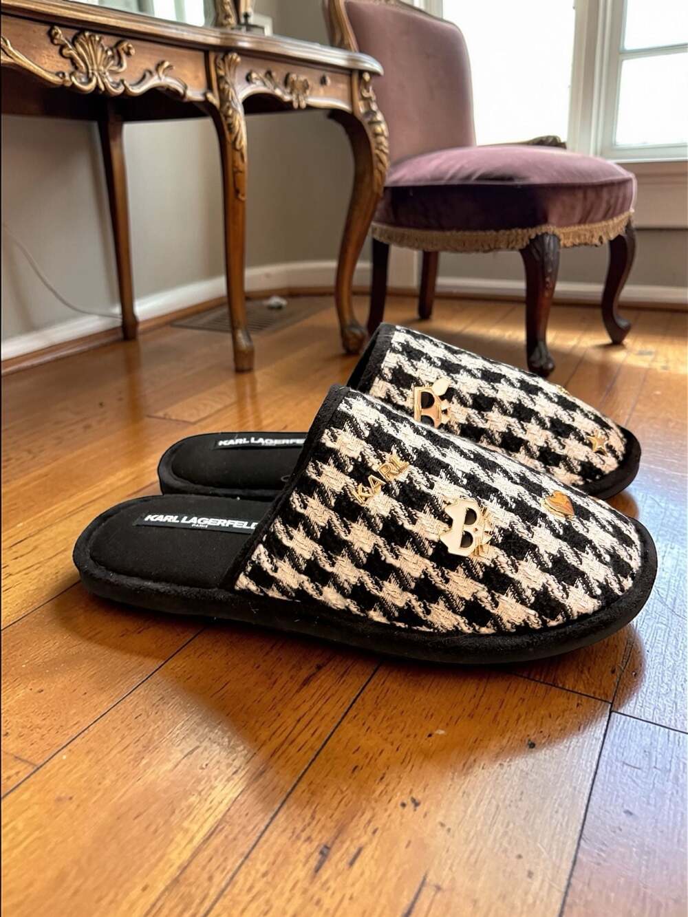 Karl Lagerfeld Paris Jayde Houndstooth Slippers with Gold Charms